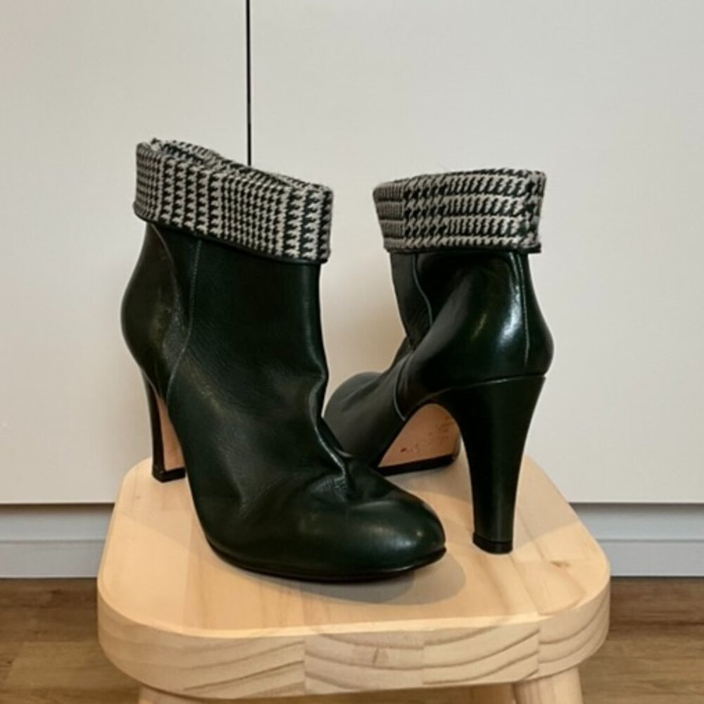 Lenora Green Leather Ankle Boots with Houndstooth Cuff, Size 39